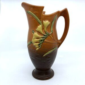 Vintage Roseville Pottery Freesia Ewer Pitcher 20 10 Tangerine 10" MCM Brown